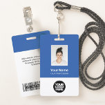 Custom Blue Employee Photo, Bar Code, Logo, Name ID Badge<br><div class="desc">Easily personalise this Custom Employee Name Badge with Photo, Scan Bar Code and business logo. A simple business design in vibrant blue and white colours fully customisable in front and back sizes, sans-serif basic and modern fonts and a professional and clear look. Avaiable with lanyard, metal clip or with retractable....</div>