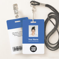 Custom Blue Employee Photo, Bar Code, Logo, Name