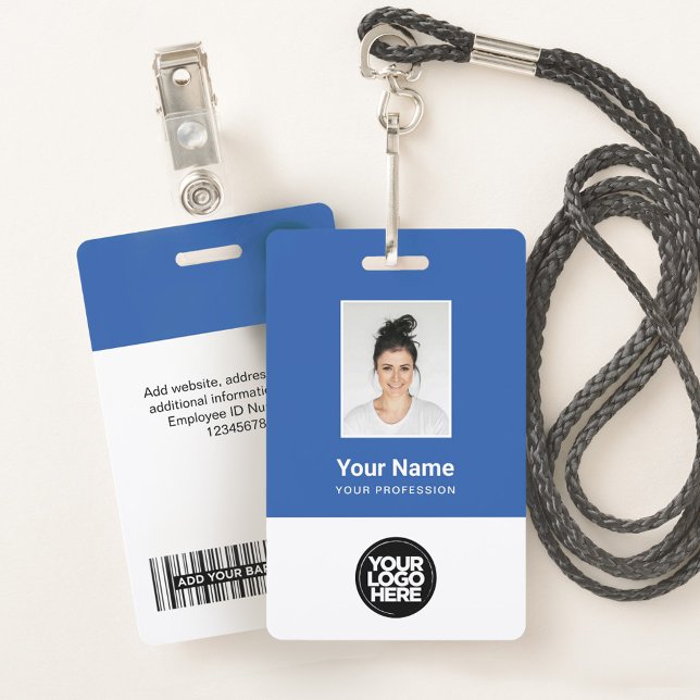 Custom Blue Employee Photo, Bar Code, Logo, Name ID Badge (Creator Uploaded)