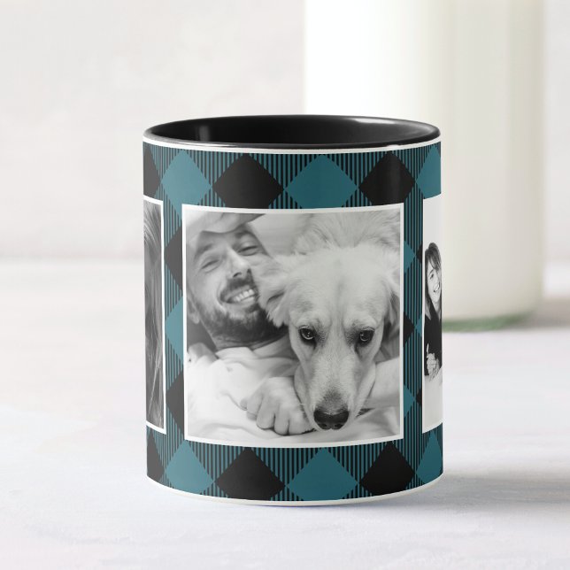 Custom Blue Family Photo Buffalo Plaid Pattern Mug (Creator Uploaded)