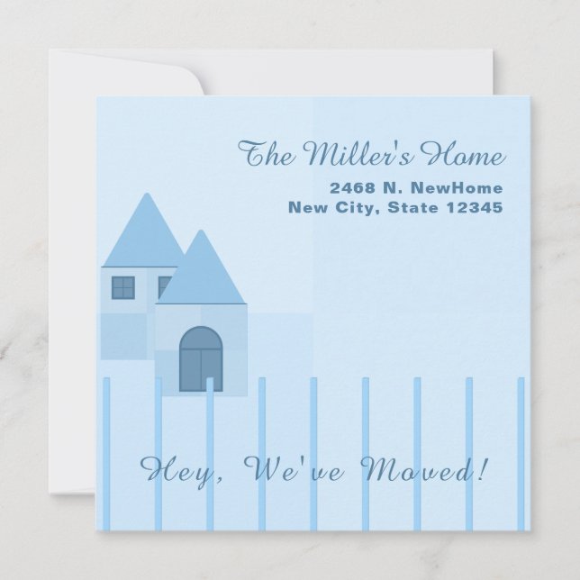 Custom Blue Fenced Home Housewarming Party Announcement (Front)