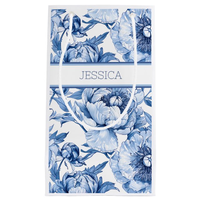 Custom Blue Floral Bridesmaid Peony Botanical Name Small Gift Bag (Front)