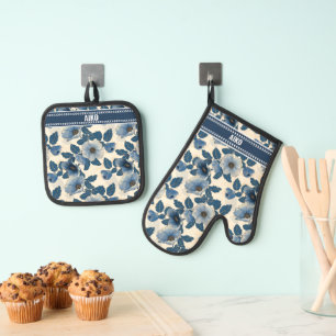 Custom Blue Floral Gold Glitter Japanese Ukiyo-e Oven Mitt & Pot Holder Set