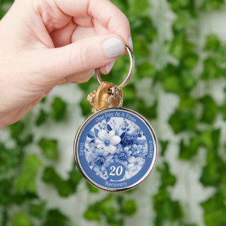 Custom Blue Floral Recovery Milestone Gift Key Ring