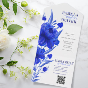 Custom Blue Floral with QR RSVP All In One Invitation