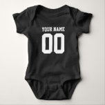 Custom blue football jersey number baby bodysuit<br><div class="desc">Personalised football jersey number baby jumpsuit / bodysuit. Custom sports baby clothing for infant boys and girls. Personalizable one piece creeper with name of newborn child. Cute gift idea for 1st Birthday or baby shower party. Sporty striped sleeves unisex baby suit. Available in dark navy blue, royal blue, red, neon...</div>