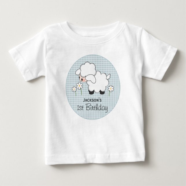 Custom Blue Gingham Lamb Birthday Baby T-Shirt (Front)