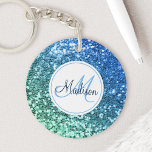 Custom Blue Glitter Mermaid Monogrammed Name<br><div class="desc">Easily personalise this beautiful sparkly blue faux glitter keychain with your custom monogram and name.</div>