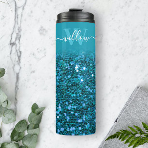 Custom Blue Glitter Monogram Name Thermal Tumbler