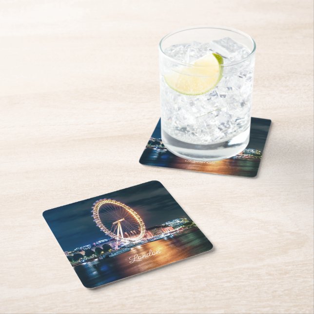 Custom Blue Gold Cityscape Night Travel London Square Paper Coaster (Insitu)