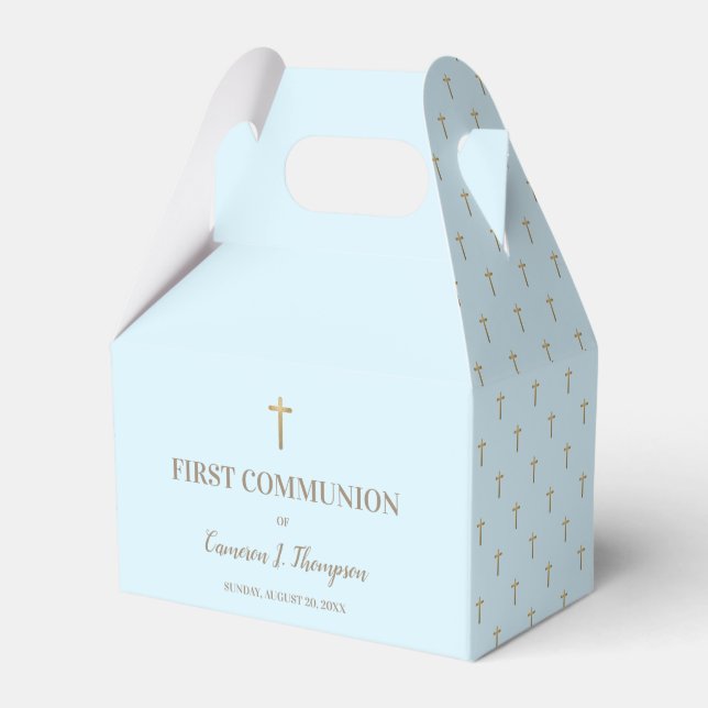 Custom Blue Gold cross Boy First holy communion Favour Box (Front Side)