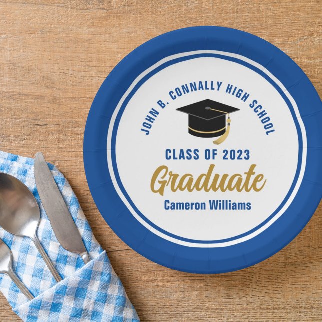 Custom Blue Gold Graduate 2025 Graduation Party Paper Plate (Creator Uploaded)