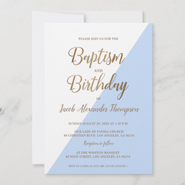 Custom Blue Gold Joint Baptism and Birthday  Invitation (Front)