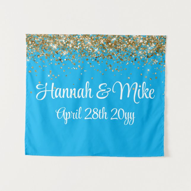 Custom Blue Gold Wedding Backdrop Photo Booth Prop Tapestry (Front (Horizontal))