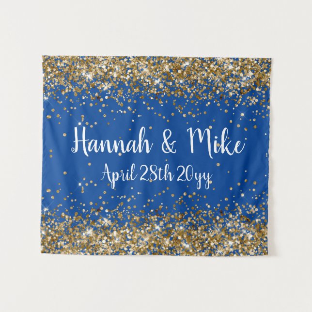 Custom Blue Gold Wedding Backdrop Photo Booth Prop Tapestry (Front (Horizontal))