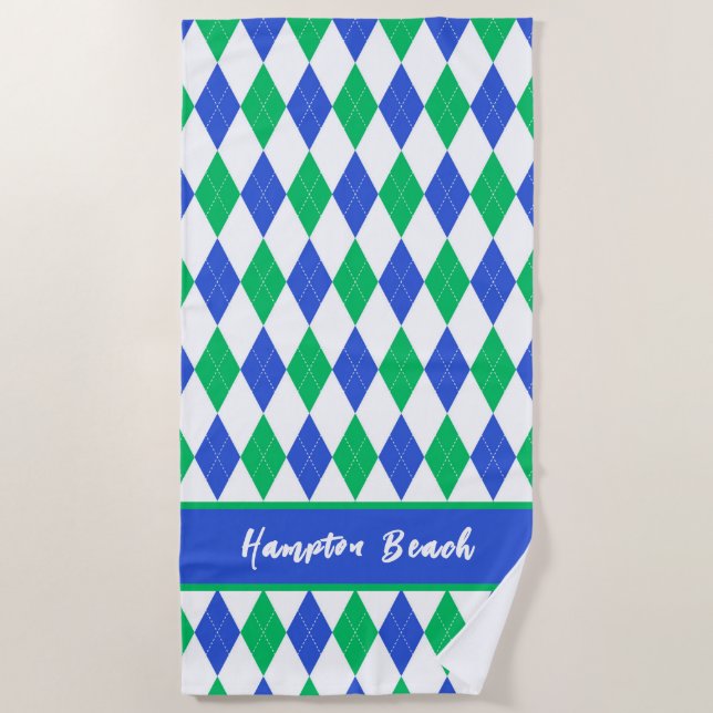 Custom Blue & Green Argyle Beach Towel (Front)