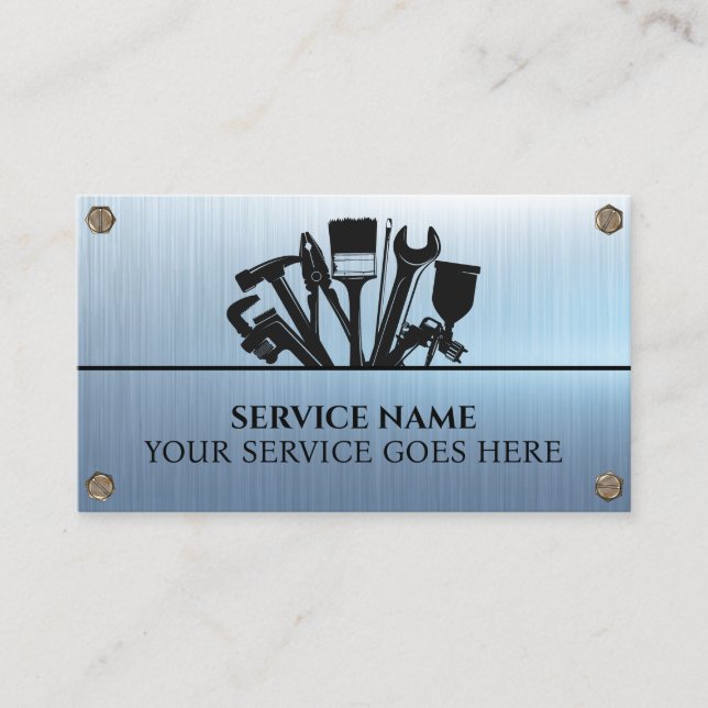Custom Blue Handyman Repair Maintenance Metal Business Card (Front)
