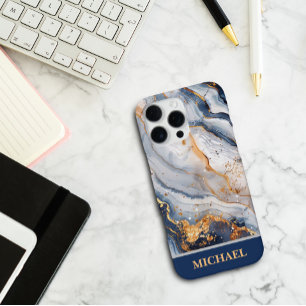 Custom Blue Marble With Gold Accents Personalised iPhone 16 Pro Max Case
