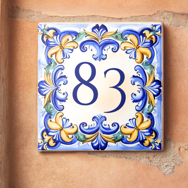 Custom Blue Mediterranean House Number  Tile (Creator Uploaded)