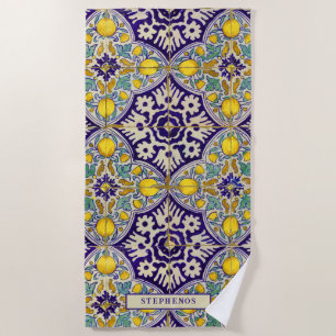 Custom Blue Mediterranean Pattern Yellow Blossoms Beach Towel