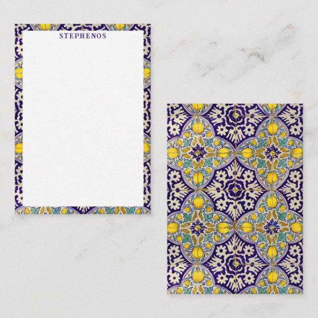 Custom Blue Mediterranean Pattern Yellow Blossoms  Card (Front/Back)