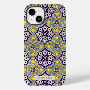 Custom Blue Mediterranean Pattern Yellow Blossoms Case-Mate iPhone 14 Case