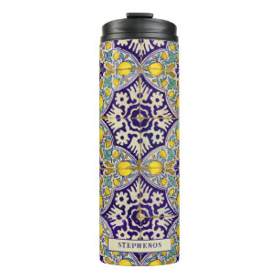 Custom Blue Mediterranean Pattern Yellow Blossoms  Thermal Tumbler
