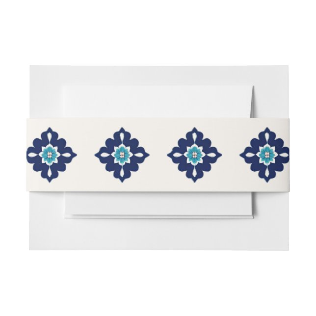 Custom Blue Mediterranean Tile Wedding  Invitation Belly Band (Front Example)