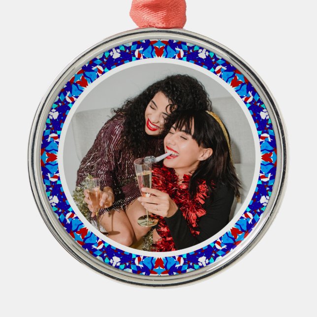 Custom Blue Merry Christmas Happy Winter Photo Metal Tree Decoration (Front)