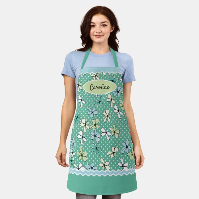 Custom Blue Mint Green Floral White Polkadots Apron (Worn)