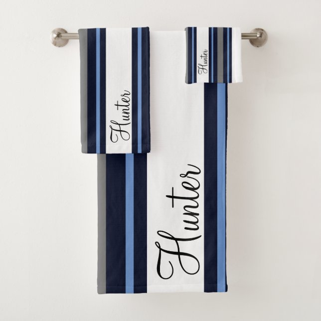 Custom Blue Modern Cursive Striped Bath Towel Set (Insitu)