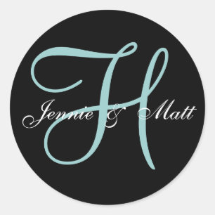 Custom Blue Monogram Bride Groom Names Classic Round Sticker