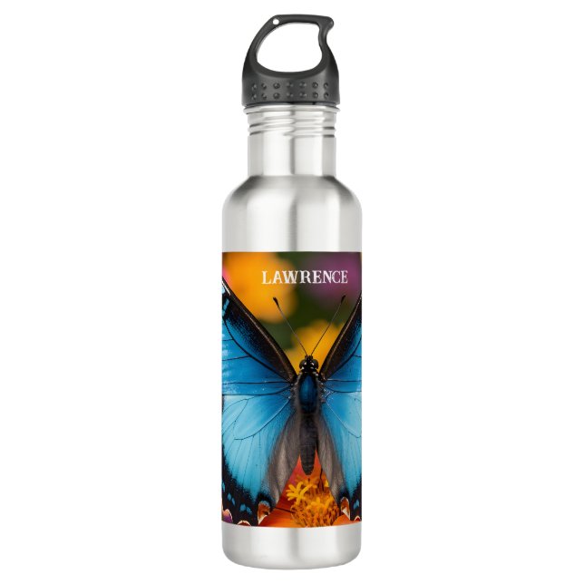 Custom Blue Morpho Butterfly Floral Botanical  710 Ml Water Bottle (Front)