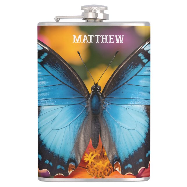 Custom Blue Morpho Butterfly Floral Botanical  Hip Flask (Front)