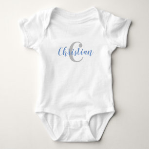 Custom Blue Name and Grey Initial Baby T-Shirt Bodysuit