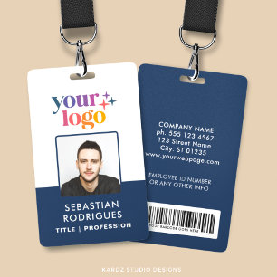 Custom Blue Name Logo Photo Barcode Employee Badge ID Badge