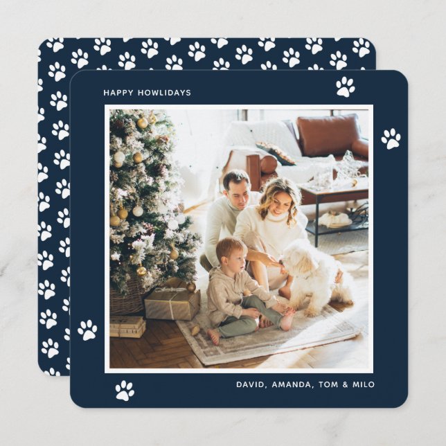Custom Blue Paw Photo Happy Howlidays Cards (Front/Back)