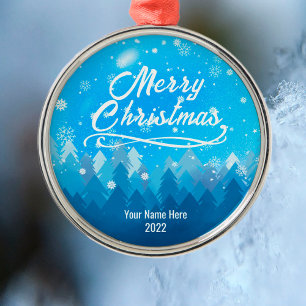 Custom Blue Peaceful Snow Forest Merry Christmas Metal Tree Decoration