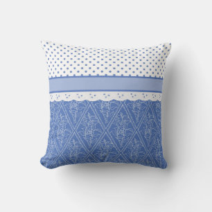 Custom Blue Periwinkles Polka Dots Faux Lace Cushion