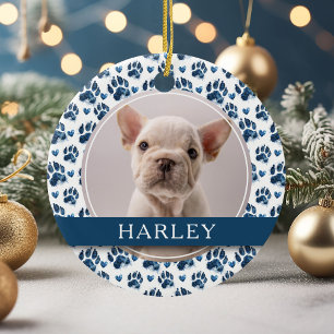 Custom Blue Pet Paw Print 2 Photo Ceramic Tree Decoration
