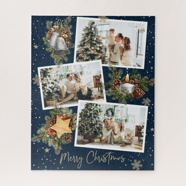 Custom Blue Photo Collage Christmas Jigsaw Puzzle (Vertical)