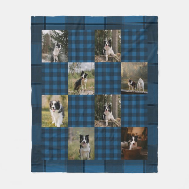 Custom Blue Plaid 8 Photo Collage Fleece Blanket (Front)