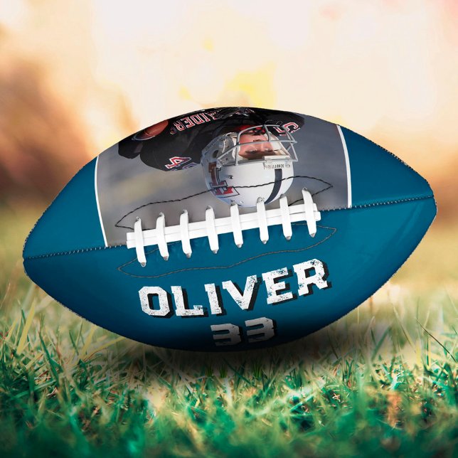 Custom Blue Player Name Number Photo Keepsake Football (Creator Uploaded)