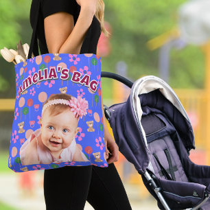 Custom Blue Purple Baby Photo with Teddy Bears Tote Bag