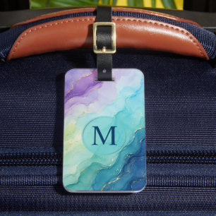 Custom Blue Purple Fluid Watercolor Gold Marble Luggage Tag