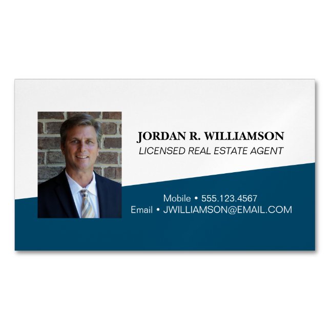 Custom Blue Real estate agent contact info Photo Magnetic Business Card (Front)