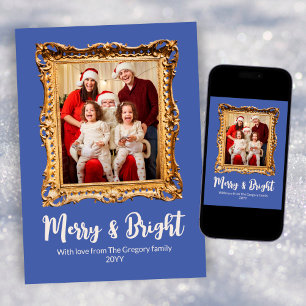 Custom Blue Retro Gold Photo Frame Merry Christmas Holiday Card