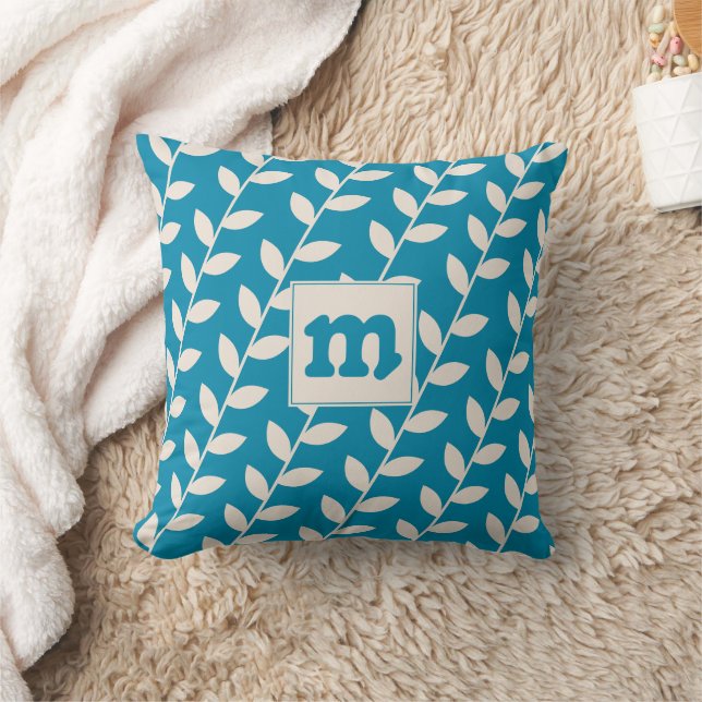 Custom Blue Retro Leaf Pattern Monogram Cushion (Blanket)