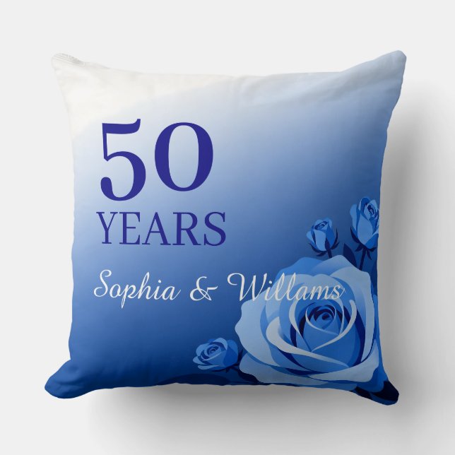 Custom Blue Rose Anniversary Gift Years & Names Cushion (Front)