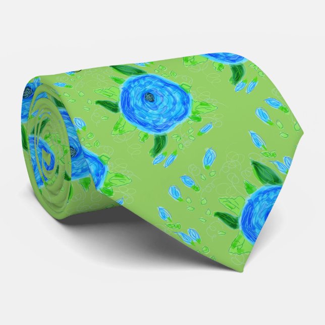 Custom Blue Rose Tie With Blue Roses (Rolled)